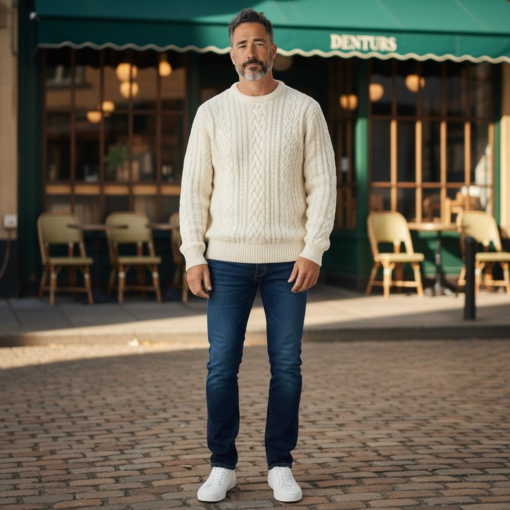 Vintage Structure Mens Cream Cable Knit Sweater Cotton Blend White Crewneck M